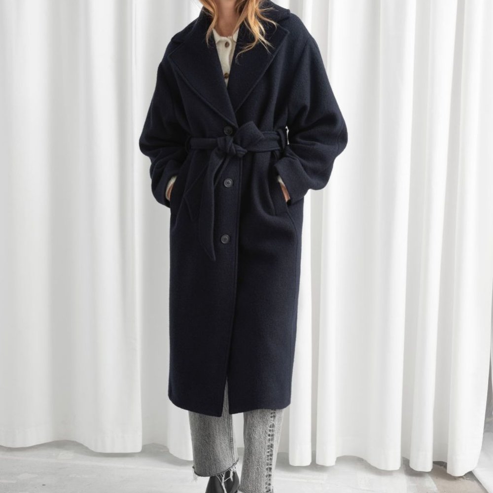 & Other Stories Oversized Belted Wool Coat Navy